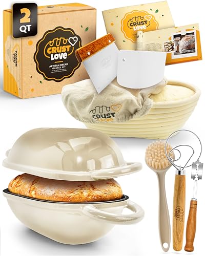 CRUSTLOVE Loaf Pan for Bread Baking - incl. Sourdough Bread-Baking Supplies like Banneton Bread-Proofing Basket - 2QT Enameled Oval Cast Iron Dutch Oven, Bread-Oven, Sour Dough Bread-Banking-Pan Tools