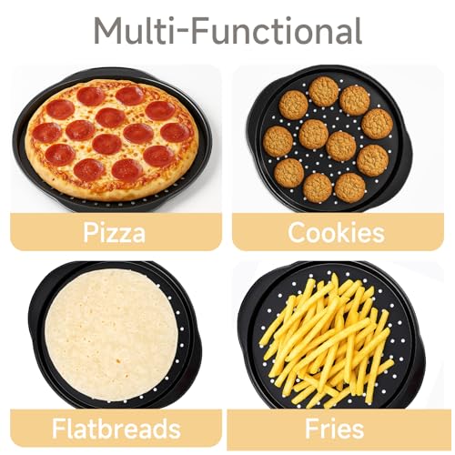 Arimagroup 2 Pack 13 Inch Pizza Pan for Oven,Round Carbon Steel Pizza Pan with Holes, Pizza Tray with 2 Silicone Gloves，for Baking, Grilling