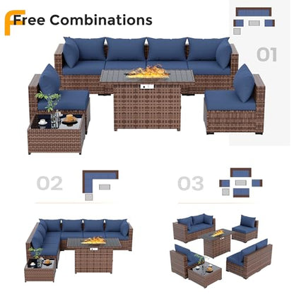 UDPATIO Furniture Set with Fire Pit Table, 8 Piece Sectional Sofas, All-Weather Wicker Conversation for Garden, Backyard, Navy Blue