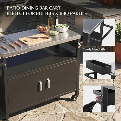 Belord Outdoor Grill Table with Storage Cabinet, Outdoor Grill Cart with Wheels, Movable BBQ Cart Prep Station Kitchen with Stainless Steel Top and Removable Side Basket for Poolside Backyard Black