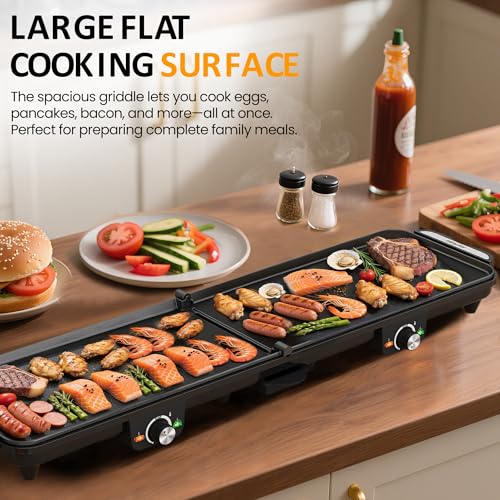 SUNVIVIPRO Electric Griddle Indoor, 1600W Large Flat Top Grill with 17.5" x 9" Nonstick Plates, 2 Cooking Zone with Adjustable Temp, Pancake Egg Maker with Drip Tray, Indicator Light