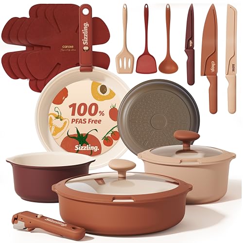 CAROTE 22 Pcs Non Stick Pots and Pans Set, Boho Ceramic Cookware Set Detachable Handle,Non Toxic Induction Kitchen Cookware Removable Handles, RV Cookware Set, Oven Safe, Mothers Day Gifts