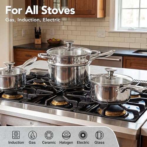 MICHELANGELO Stainless Steel Saucepan Set with Lids 1QT & 2QT & 3QT, Stainless Steel Sauce Pot Set 6pcs, Induction Saucepans, Nonstick Sauce Pan Set, Dishwasher Safe