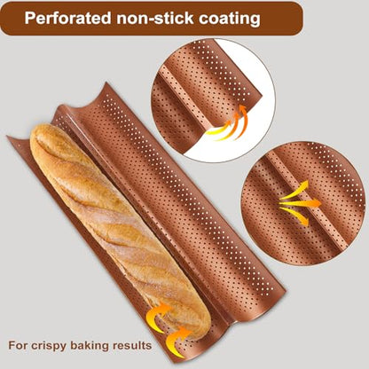 Logario Baguette Pan Set of 2 with Proofing Cloth, Nonstick 2-Slot French Bread Baking Pan for Homemade Baguette, Carbon Steel Vintage Bronze Tray, Bakeware for Artisan Homemade Bread