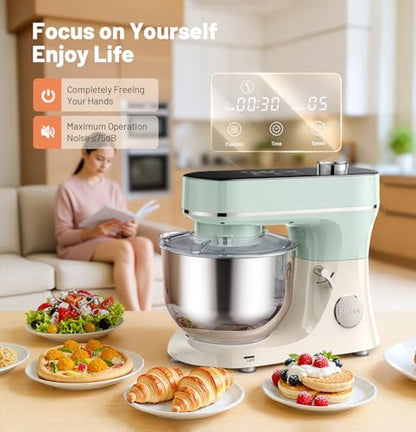 Bonnor Stand Mixer 6QT Kitchen Mixer with LED Smart Touchscreen, 11-Speed Tilt-Head Mixer with Timer, 4 Preset Menus, Stainless Steel Bowl, Dough Hook, Whisk, Beater (Green, 6Qt)
