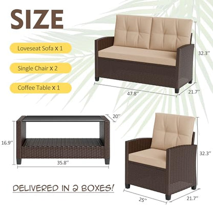 Shintenchi 4 Piece Patio Furniture Set, Outdoor Rattan Conversation Set with Coffee Table, Outside Wicker Sectional Sofa Couch with Cushion, Brown and Khaki