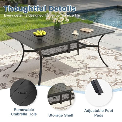 DIFY 7 Piece Outdoor Dining Set, 59.2" Black Rectangle Metal Patio Table and Brown Textilene Stackable Chairs for 6, All Weather Patio Furniture Set with Umbrella Hole for Backyard Garden Deck