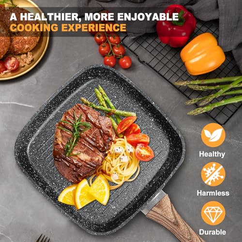 OLIXIS Nonstick Frying Pan Skillet Set, 3 Piece Square Grill Pans for Indoor Outdoor RV Camping Cooking, PFOA Free Skillet Set with Stay Cool Handle, Compatible with All Stovetops (9.5" 10" 11") Black
