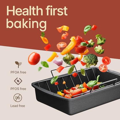 BAKKEN Nonstick Turkey Roasting Pan with Rack – Large Heavy-Duty Carbon Steel Roaster with Wide Handles, Ideal for Roasting, Baking & Grilling, Oven Safe up to 450°F, Gray Marble Finish 17 x 13-Inch