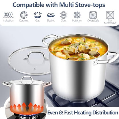 E-far 12 Quart Cooking Stock Pot, Large Stainless Steel Pot for Canning Simmering Stewing, Heavy Duty Cookware with Tri-ply Base for Induction Gas Stoves, Soup Pots with Glass Lid, Dishwasher Safe