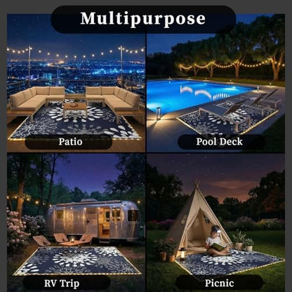Wallona Outdoor Rugs 8x10 ft Patio Waterproof with Led Strip Lights Indoor Outdoor Carpet for Patio Plastic Straw Reversible Area Rugs Mat for RV, Camping, Beach, Picnic, Porch, Flower Blue & White