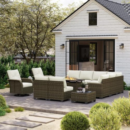 LazySunsets Luxury 13 Piece Patio Furniture Set with Fire Pit Table, Beige