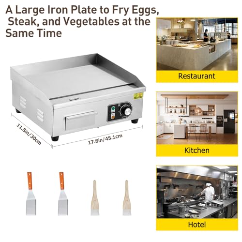 18" 1500W Stainless Steel Electric Griddle, Commercial Countertop Flat Top Grill with Adjustable 122–572°f Thermostat, Includes 2 Spatulas & Cleaning Brushes, Plug-in Grill for Indoor/Outdoor Cooking