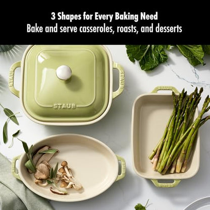 Staub Ceramic 4-pc Baking Pans Set, Casserole Dish with Lid, Brownie Pan, Light Green