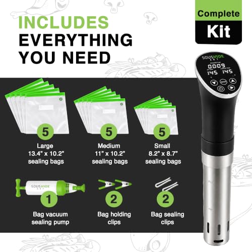 SOUSVIDE ART Sous Vide Cooker Kit - 1000W Immersion Circulator - 15 Vacuum Bags, Pump, Digital Timer and Temperature Control; Complete Sous Vide Machine Cooking Kit for Home Chefs and Beginners