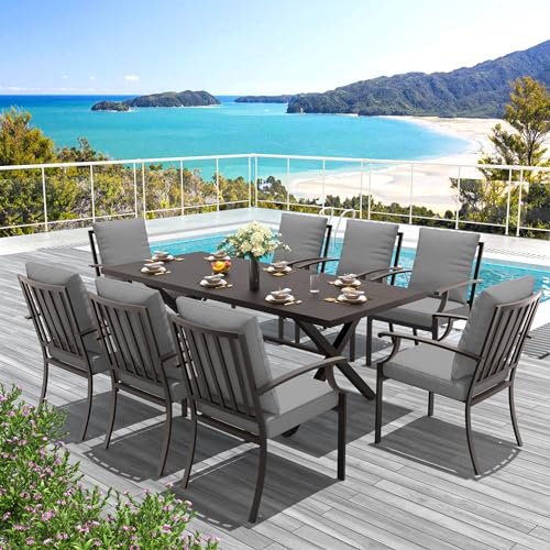 Trumbeak 9-Piece Patio Dining Set Outdoor Conversation Set,Metal Outdoor Furniture Set with Umbrella Hole Cut-Out 78.7" x 35.4" Table and 8 Metal Backrest Chairs for Backyard,Garden,Grey