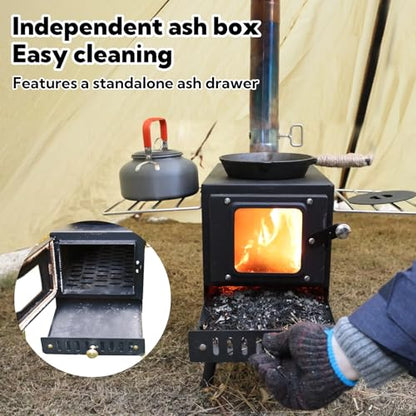 Huskfirm Wood Burning Stove,Tent Stove for Heating,Folding Portable Wood Stove for Tent,Cooking,Courtyard,Camping Stove include Chimney Pipes and Spark Arrestor, Black-LOGO