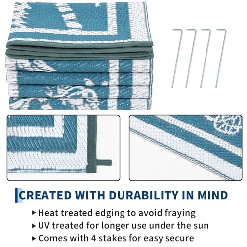 Garvee Outdoor Rug 5x8 Waterproof for Patios, Reversible Plastic Straw Rug, Tropical Leaf Indoor Outdoor Rugs, Large Area Rug for RV, Camping, Deck, Picnic Mat, Outside Carpet, Blue & White