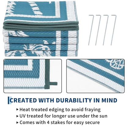 Garvee Outdoor Rug 5x8 Waterproof for Patios, Reversible Plastic Straw Rug, Tropical Leaf Indoor Outdoor Rugs, Large Area Rug for RV, Camping, Deck, Picnic Mat, Outside Carpet, Blue & White