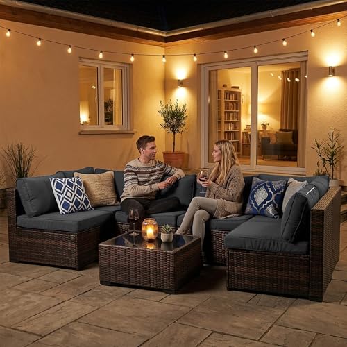 Decksplore 7 Piece Patio Furniture Set, Modular All-Weather PE Rattan Wicker Outdoor Sectional Sofa Conversation Set with Tempered Glass Coffee Table, 4.3" Thick Cushions & Furniture Cover, Grey