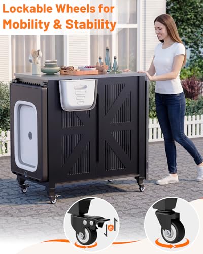 AECOJOY Outdoor Grill Cart Table with Sink, Portable Folding Kitchen Island with Storage Cabinet, Stainless Steel Prep Station for BBQ, Waterproof Cover Included