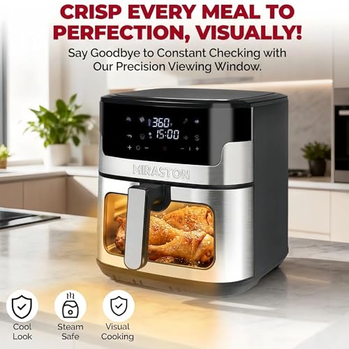 MIRASTON 8.5QT Air Fryer with Visual Window, Large Family Size XL Airfryer with 8 Presets, Stainless Steel Oven for Fast Healthy Cooking, Reheat & Crisp, Dishwasher Safe, Gift Box Included