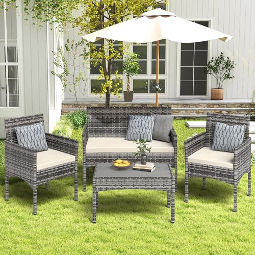 BUPPLEE 4 Pieces Patio Furniture Set, Outdoor Wicker Rattan Patio Conversation Furniture Set with Waterproof Cushion and Table for Lawn Poolside Backyard Garden Balcony Porch