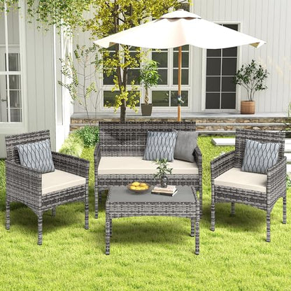 BUPPLEE 4 Pieces Patio Furniture Set, Outdoor Wicker Rattan Patio Conversation Furniture Set with Waterproof Cushion and Table for Lawn Poolside Backyard Garden Balcony Porch