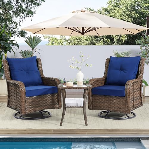 Wumiokio Patio Furniture Sets, 3 Pieces Wicker Outdoor Furniture - 360 Degree Swivel Rocking Chairs and Rattan Side Table for Garden,Porch,Backyard (Brown Wicker/Blue Cushion, 3PCS - Swivel Chairs)