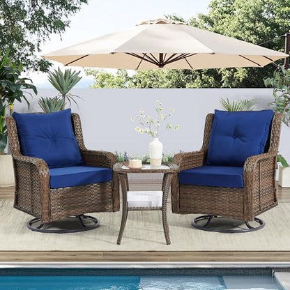 Wumiokio Patio Furniture Sets, 3 Pieces Wicker Outdoor Furniture - 360 Degree Swivel Rocking Chairs and Rattan Side Table for Garden,Porch,Backyard (Brown Wicker/Blue Cushion, 3PCS - Swivel Chairs)