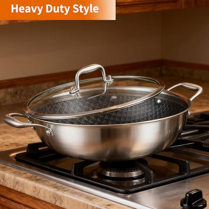 DELARLO Tri-Ply Stainless Steel Wok 13in Nonstick Deep Wok Pan with Lid,Stir-Fry Pans,5.5QT Cooking Pot induction Large woks,Compatible with All Cooktops Up to 550°F(Double Handle)