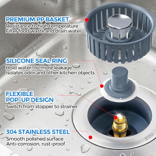 Sink Drain Strainer - Sink Stopper Kitchen Drain, 3 in 1 Kitchen Sink Drain Strainer with Anti-Clogging Basket, Kitchen Gadgets Clearance Sink Accessories, Fit US Standard 3-1/2'' Sink Hole, Silver
