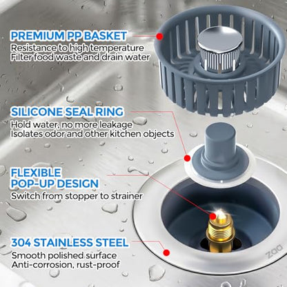 Sink Drain Strainer - Sink Stopper Kitchen Drain, 3 in 1 Kitchen Sink Drain Strainer with Anti-Clogging Basket, Kitchen Gadgets Clearance Sink Accessories, Fit US Standard 3-1/2'' Sink Hole, Silver