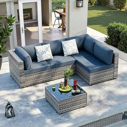 SUNLEI 5 Piece Patio Furniture Sets, Low Back All-Weather Rattan Sectional Sofa with Tea Table&Washable Couch Cushions, Patio Furniture Set (Silver Rattan Aegean Blue, 5 Pcs)