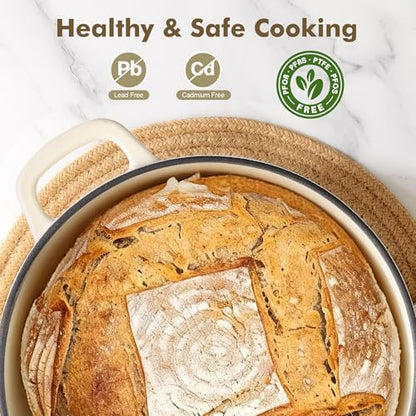 SENSARTE Enameled Cast Iron Dutch Oven Pot with Lid 3.5/5.5/6.5 Quart Heavy-Duty Round Dual Handles Kitchen Pot with Cotton Potholders & Silicone Trivet, Pot for Bread Baking, Stews, Braising, Roasting, Oven Safe, 3.5Quart, White