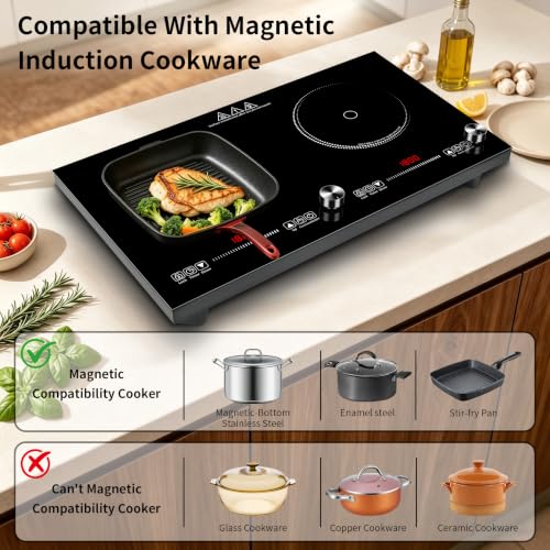 HUIPUSHE 2 burner induction cooktop,110V3600W 24 inch induction hot plate,induction stove top with LED touch and Knob Control, with 9 Power Levels, Kids Lock & 4H,24 Inch double induction cooktop