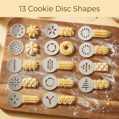 QWORK Stainless Steel Cookie Press Kit – 13 Discs & 8 Tips for Soft Dough, Frosting & Baking Decor