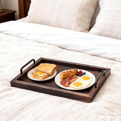 Kazozobi Lightweight Wood Serving Trays with Metal Handles, Set of 2 Nesting Wooden Ottoman Tray for Living Room, Farmhouse Wooden Trays for Decor, Breakfast, Dinner, Drinks, Coffee Table Tray, Brown