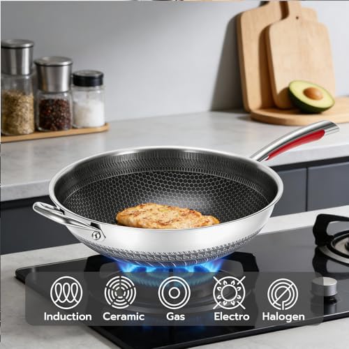 lake tian Wok pan, PFOA Free Cookware 14-Inch Wok, stick Stainless Steel Woks & Stir-fry pans Nonstick, for All Cooktops, Uncoated Craft Pot Healthy Cooking Pot