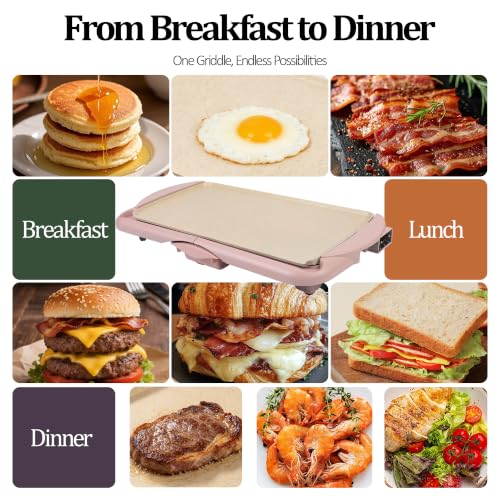 I-Keukenn 20" Pink Electric Griddle & Skillet with Ceramic Non-Stick Surface, 1400W Family-Sized Extra Large Baking Pan, Adjustable Temperature & Slide-Out Drip Tray