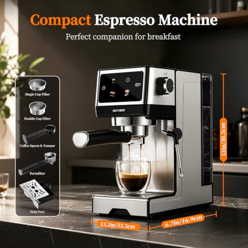 SECPOEDR 20Bar Espresso Machine with Poweful Milk Frother Rapid Cold Brew, Easy to Use Compact Espresso Maker, Fast Heat 1350W Barista-Quality Home Cappuccino Latte Machine,45oz Water Tank, Silver