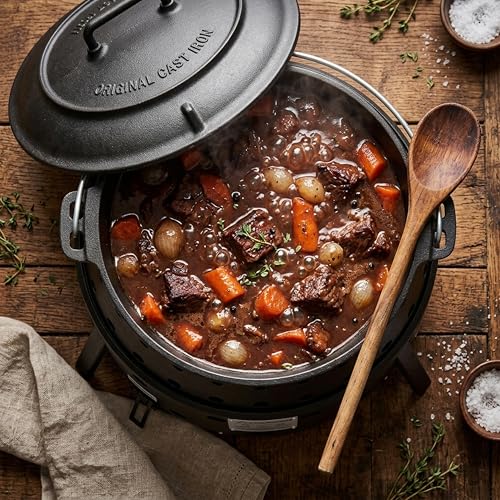 Volcano Grills 8-Quart Cast Iron Dutch Oven with Legs & Lid, Pre-Seasoned Vintage Style Camping Pot, Outdoor Campfire Cooking, Charcoal Lid, Heavy Duty Black Cast Iron, Camping, BBQ & Outdoor Cooking