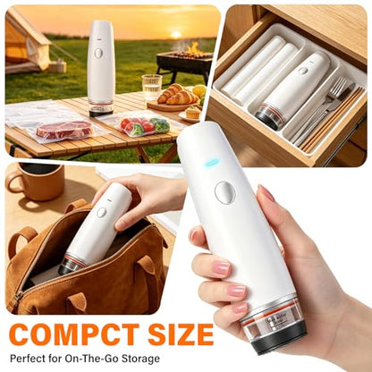 -80kPa Compact Vacuum Sealer for Food (Vacuum Sealer Machine + 30 Reusable Bags), 1200mAh Rechargeable Handheld Vacuum Sealer Machine Portable Mini Food Sealer for Sous Vide & Meal Prep-cold white
