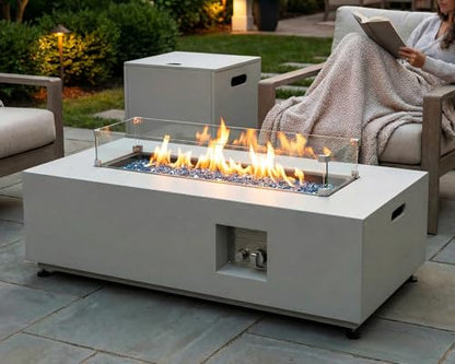 NICESOUL 42" Outdoor Propane Fire Pit Table, 50,000 BTU Rectangle Natural Gas Firepit with Tank Table, No Assembly Low Profile Fire Table for Outside Patio & Backyard, CSA Certified, Grayish White