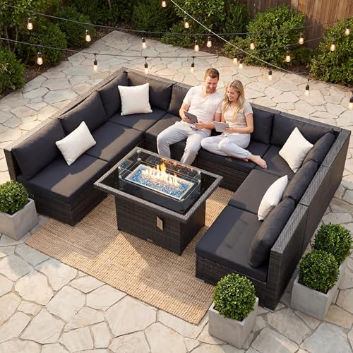 NICESOUL 9 Piece Modern Outdoor Furniture Set with Fire Pit Table, 8 Seat L-Shaped Extra Large Sectional Sofa Sets, 29.3'' High Back Comfy Modular Wicker Conversations, Natural Gas & Propane, Grey
