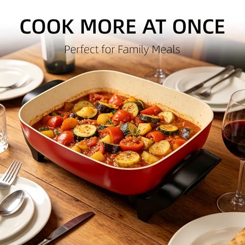 I-Keukenn 15'' Ceramic Nonstick Electric Skillet with Tempered Vented Glass Lid,Thermostat Control to Prevent Overheating,Removable Easy-to-Clean,Vibrant Red