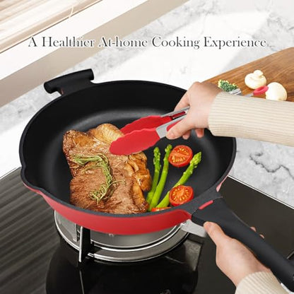 AIKENBBKK Frying Pan Skillet Nonstick with Lid, 14 Inch Large Deep Saute Pan, Big Induction Pan Non Stick, 2-1 Cooking Cookware with Helper Handle, Family Size, Suitable for All Stoves, PFOA-Free, Red