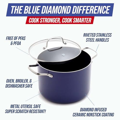 Blue Diamond 8QT Nonstick Stockpot with Glass Lid, PFAS-Free Ceramic, Multipurpose Cooking, Sauces & Soups, Pasta, Boiling & Canning Pot, Dishwasher & Oven Safe, Stainless Steel Handles, Navy