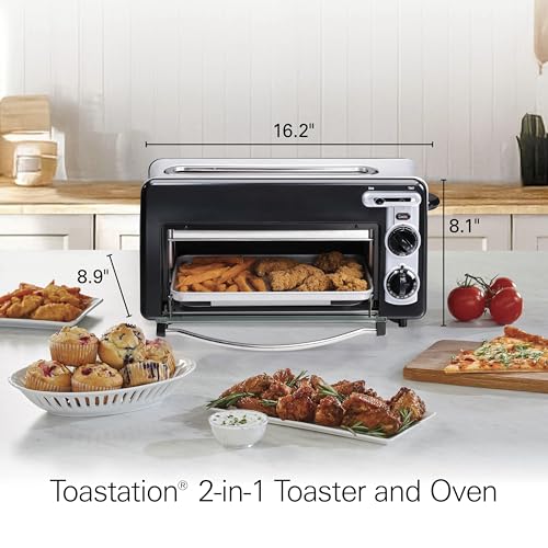 Hamilton Beach Versatile 2-in-1 Countertop Toaster Oven & Long Slot 2 Slice Toaster for Toasting & Baking, Automatic Shut Off, Shade Selector, Temperature Control, Compact Retro Design, Black (22725)