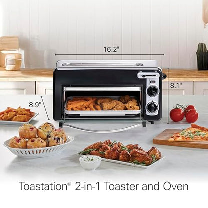 Hamilton Beach Versatile 2-in-1 Countertop Toaster Oven & Long Slot 2 Slice Toaster for Toasting & Baking, Automatic Shut Off, Shade Selector, Temperature Control, Compact Retro Design, Black (22725)